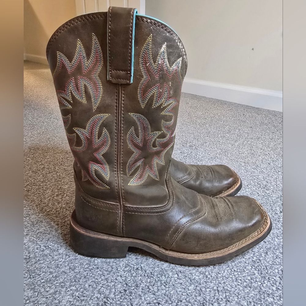 Ariat Brown Western Boots with Colorful Stitching